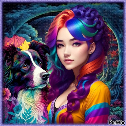 Portrait d'une femme colorée et un animal. - png grátis