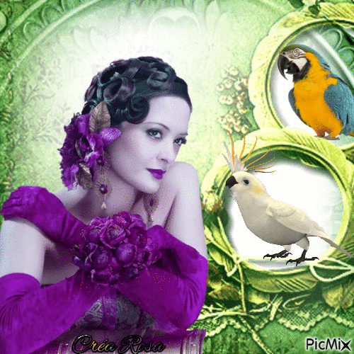 Concours : Visage femme et perroquets - Tons vert et violet - Безплатен анимиран GIF