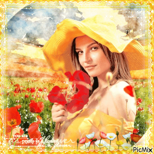 Woman in Yellow with Poppies - Free animated GIF