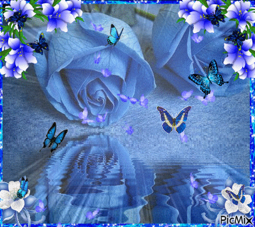 papillons et fleurs bleu - Gratis animerad GIF