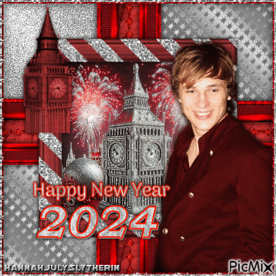{=}Happy New Year 2024 in Silver & Red{=} - GIF animate gratis