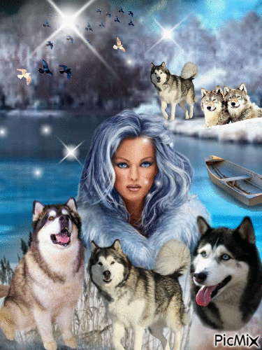 femme avec des loups - GIF animé gratuit