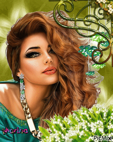 🍃Red-Haired Girl in Green Tones - Безплатен анимиран GIF