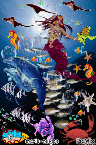 la sirène dance au milieu de belles créatures du fond de l'océan - 免费动画 GIF