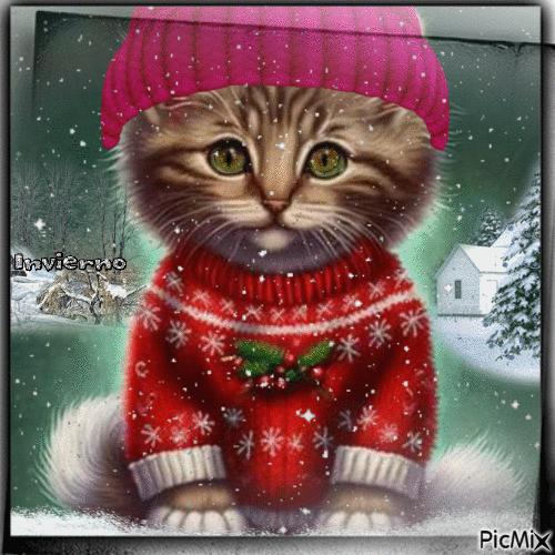 Gatito en invierno, con gorro y suéter - GIF animado gratis