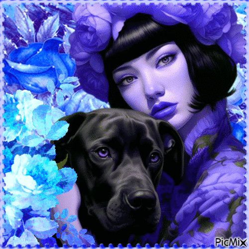 Femme,chapeau et son chien en bleu. - GIF เคลื่อนไหวฟรี