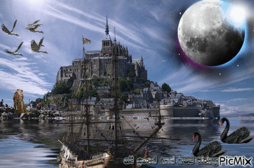 moon castle france birds ship swan - GIF animé gratuit