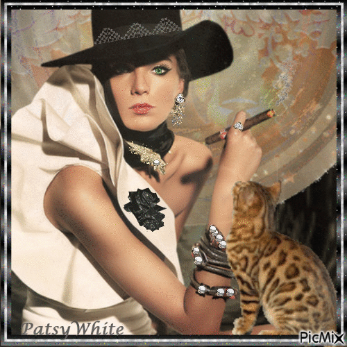 Lady whith black hat & her cat - GIF animado grátis
