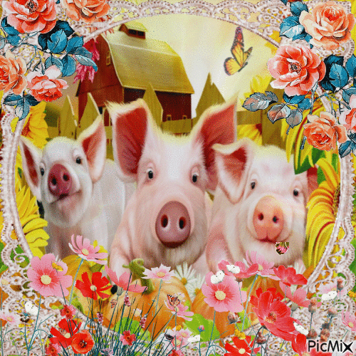 Kleine Schweinchen und Blumen - Free animated GIF
