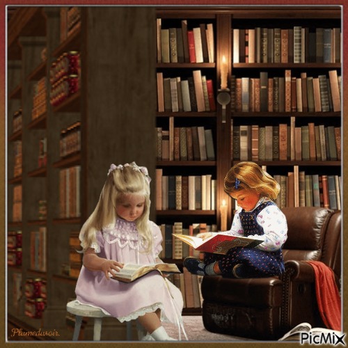 Deux enfants dans une bibliothèque. - besplatni png
