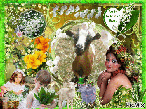 bon 1er mai avec fleur la chèvres - GIF animé gratuit