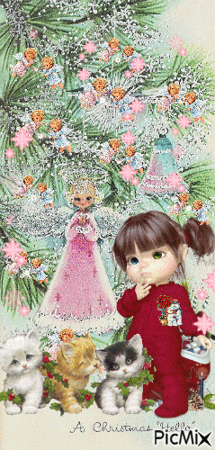 A LITTLE GIRL WIDE EYED ON CHRIST MORNING WNDER A SPARKLING TREE AND PINK STARS FALLING THE GIRL IS CARRYING HER STOCKING AND IS SUPRISED ABOUT THE 3 KITTENS. - 免费动画 GIF