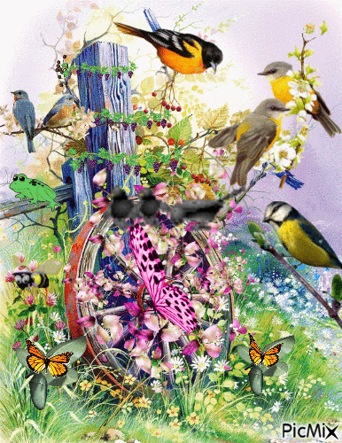 birds, flowers, and butterflies around a fence post. - GIF animado grátis