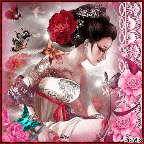 Mujer con flores y pariposas - GIF animado grátis