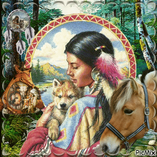 portrait d'une femme indienne et son cheval - Nemokamas animacinis gif