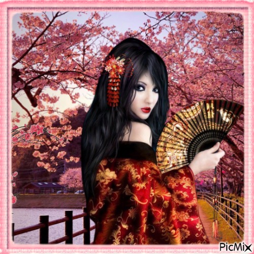 Femme asiatique avec éventail et sakura. - png ฟรี