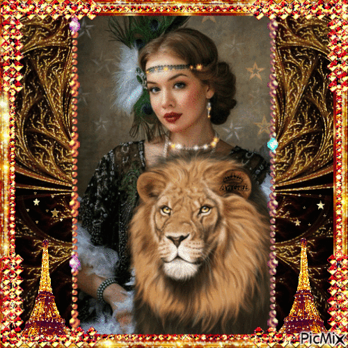 Art Deco Lady und Löwe in Gold/Schwarz - Gratis geanimeerde GIF