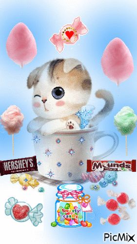 DOG IN SPARKLING CUP, JAR OF CANDY MOVING, CANDY WITH SPARKLES. HERSHEY AN MOUNDS BAR.COTTON CANDY FLOATING. - Бесплатни анимирани ГИФ