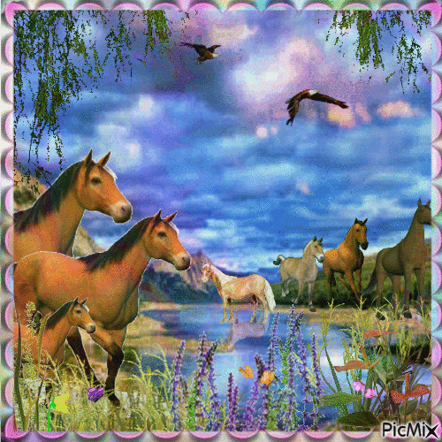 Landscape and horses - Δωρεάν κινούμενο GIF