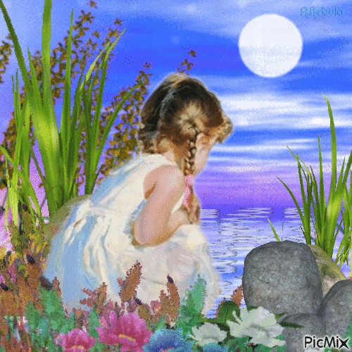 A little girl sitting by a pond - GIF animé gratuit