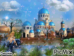 Blue Onion Domed Buildings along the river side - Ingyenes animált GIF