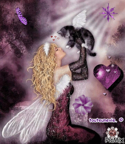 Femme ange et chat. © - GIF animé gratuit