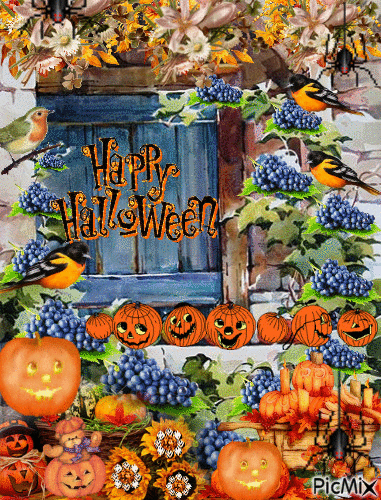 halloween things, pumpkins,spiders, jack-o-lanternns, sunflowers purple grapes, leaves, fall flowers, and orange and black birds. - GIF animasi gratis