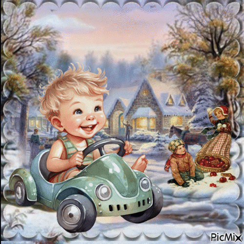 Enfant en hiver avec sa voiture - GIF animé gratuit