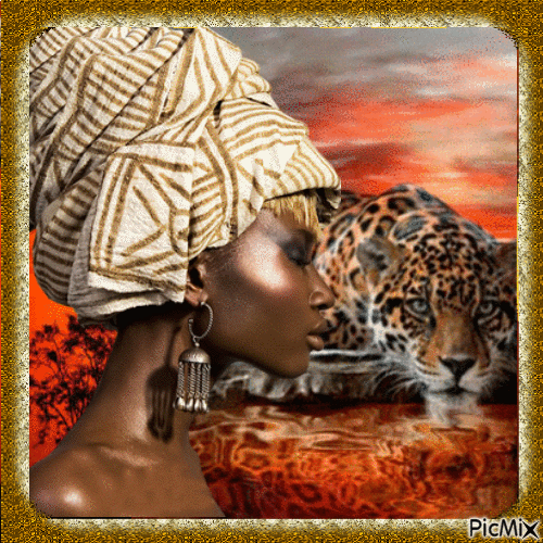 African Beauty and Leopard - 無料のアニメーション GIF