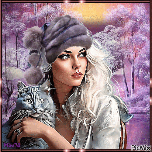 Femme avec chat en hiver - Fantasy - GIF animé gratuit