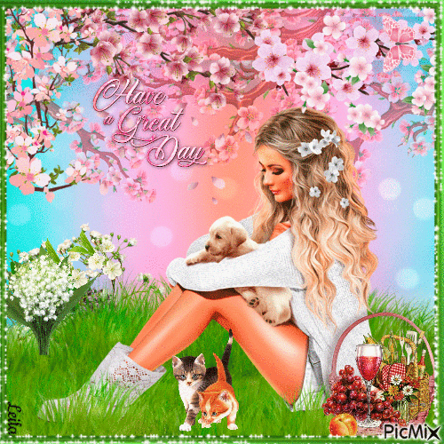 Have a Great Day. Spring. Woman, dog, cats