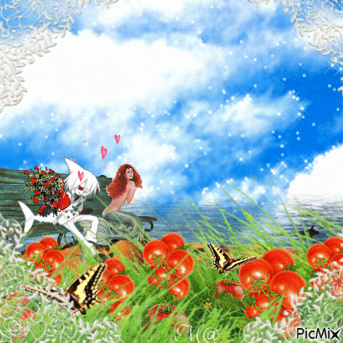 Mermaid Lovers by the Sea in a Field of Tomatoes - Gratis animeret GIF