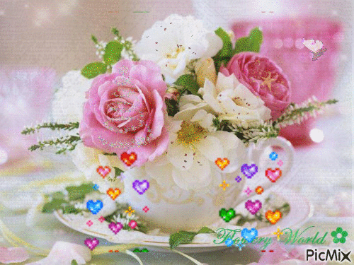 Tea Cup with Pink and White Flowers - GIF animé gratuit