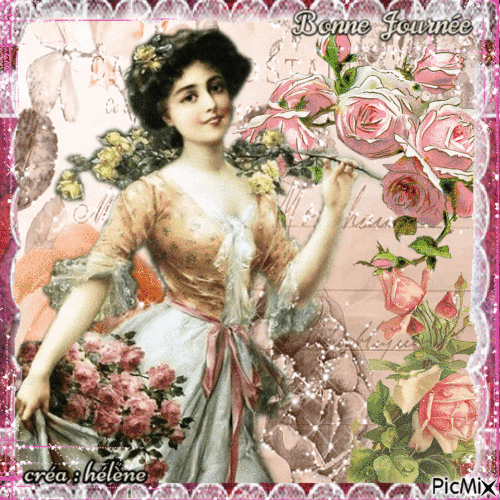 "Femme vintage avec des fleurs" - Безплатен анимиран GIF