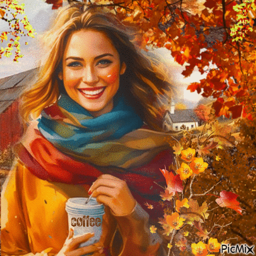 Herbstkaffee mit Frau - Zdarma animovaný GIF