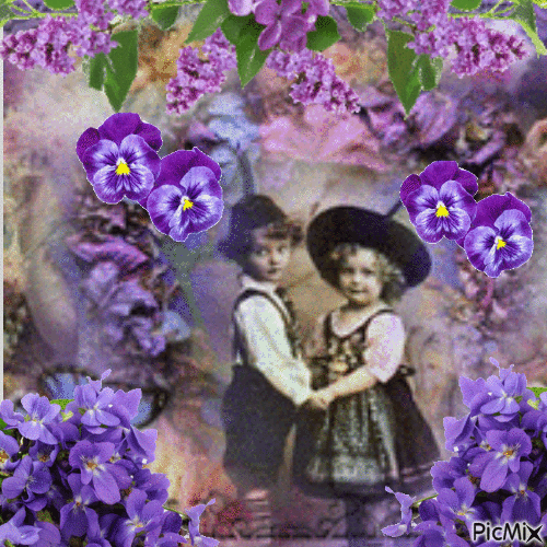Petit couple au printemps et fleurs violettes - Darmowy animowany GIF