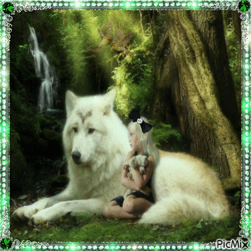 Le loup blanc qui protège la petite fille !!!! - Free animated GIF