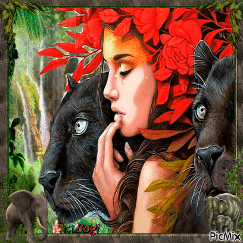 The woman with black panthers... - 免费动画 GIF