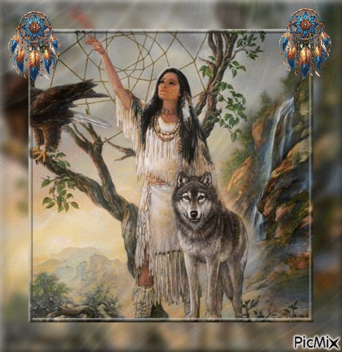 indienne et loup - Free animated GIF