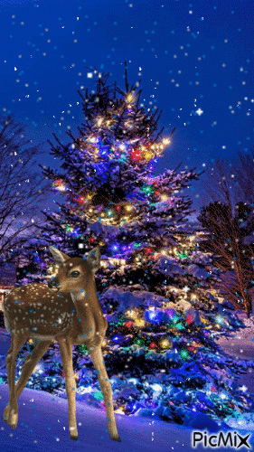 Christmas snow , Tree, and Deer - GIF เคลื่อนไหวฟรี