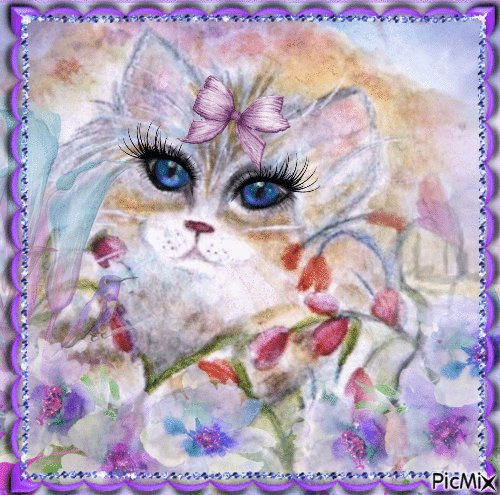 Chat glamour en dessin aquarelle - Free animated GIF