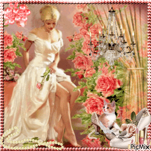 Woman in her boudoir - Beige and pink tones - Бесплатный анимированный гифка