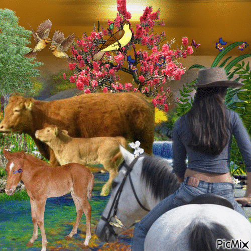 ANIMAUX ET FEMME A CHEVAL - Free animated GIF