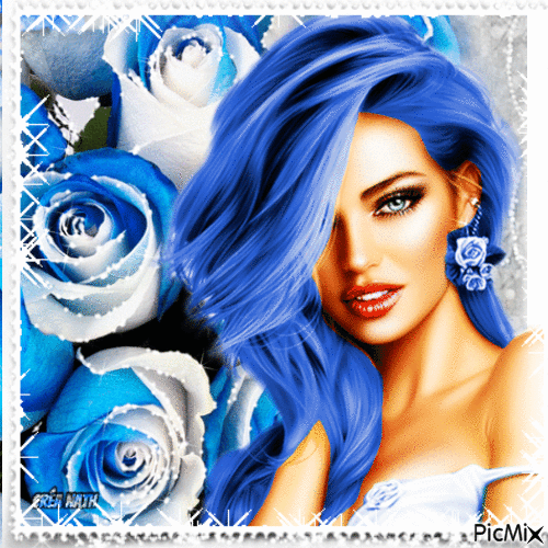 Portrait de femme en bleu et blanc - Free animated GIF
