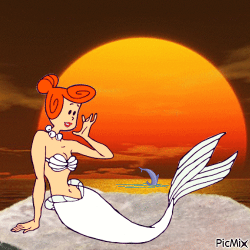 Wilma Flintstone mermaid near sunset - GIF animé gratuit
