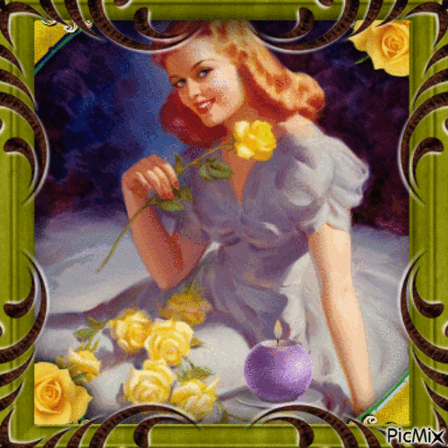 VINTAGE WOMAN WITH YELLOW ROSES - Darmowy animowany GIF