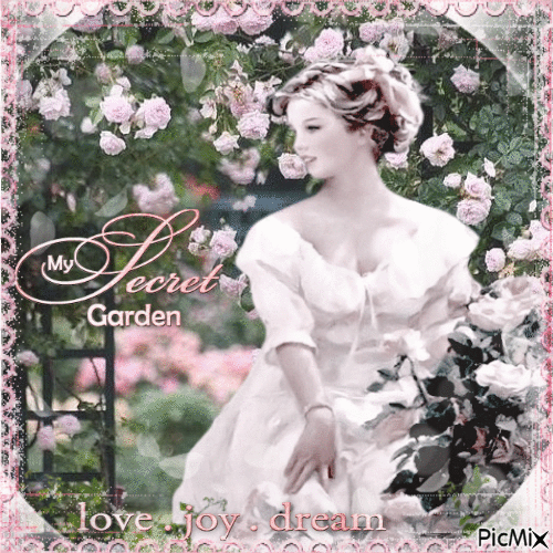 Vintage woman in roses garden - GIF animé gratuit