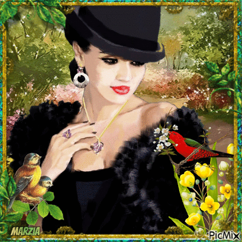 donna con cappello nero e uccelli - Free animated GIF