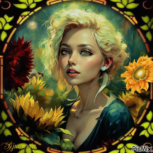 woman with sunflowers - Бесплатни анимирани ГИФ