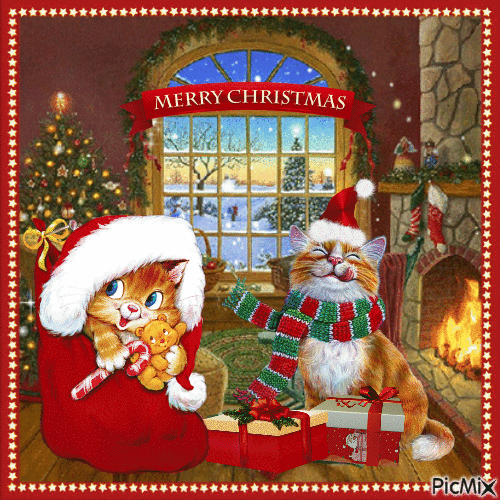 Glückliche Weihnachtsmannkatze - Gratis animeret GIF